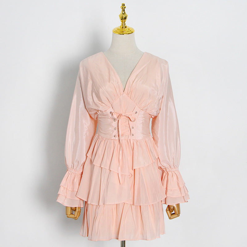 Europese en Amerikaanse Fashion Elegante Diepe V-Hals Taille Afslankende Jurk in Effenkleur voor Tieners/ Dames & Plus Size