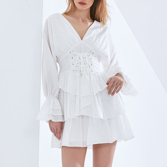 Europese en Amerikaanse Fashion Elegante Diepe V-Hals Taille Afslankende Jurk in Effenkleur voor Tieners/ Dames & Plus Size