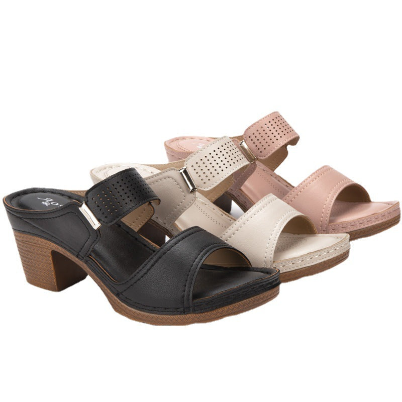 Europese en Amerikaanse Modieuze Casual Effen Kleur Open Teen Sandalette van PU-Leer met Hoge Blokhakken en Gesp Decoratie voor Dames & Meiden