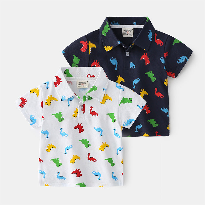 Casual Katoenen Bedrukte Dinosaurus Cartoon Print Revers Poloshirt met Knoopsluiting en Korte Mouwen voor Kinderen