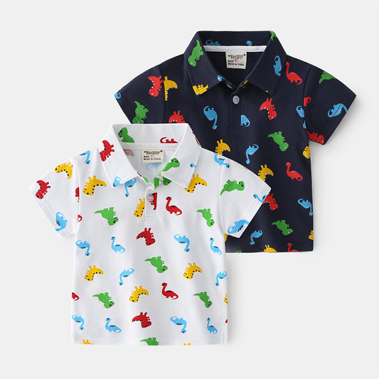 Casual Katoenen Bedrukte Dinosaurus Cartoon Print Revers Poloshirt met Knoopsluiting en Korte Mouwen voor Kinderen
