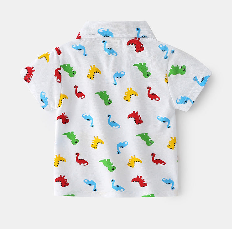 Casual Katoenen Bedrukte Dinosaurus Cartoon Print Revers Poloshirt met Knoopsluiting en Korte Mouwen voor Kinderen
