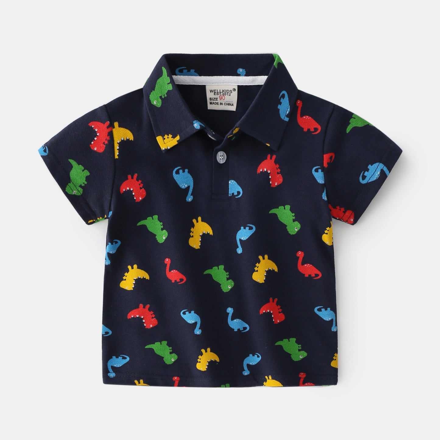 Casual Katoenen Bedrukte Dinosaurus Cartoon Print Revers Poloshirt met Knoopsluiting en Korte Mouwen voor Kinderen