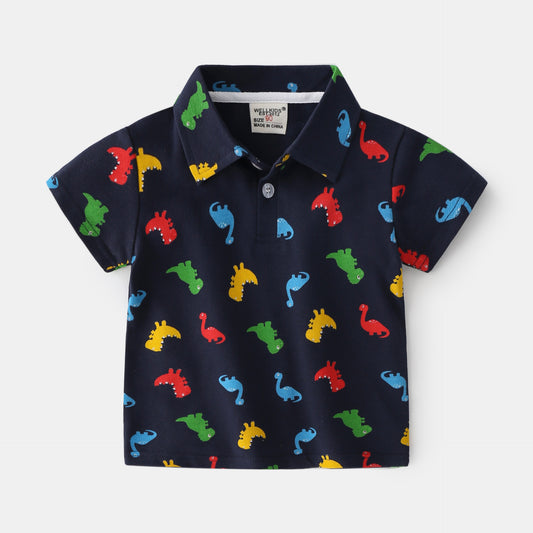 Casual Katoenen Bedrukte Dinosaurus Cartoon Print Revers Poloshirt met Knoopsluiting en Korte Mouwen voor Kinderen