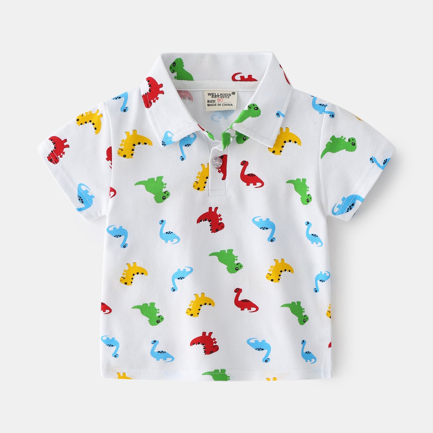 Casual Katoenen Bedrukte Dinosaurus Cartoon Print Revers Poloshirt met Knoopsluiting en Korte Mouwen voor Kinderen