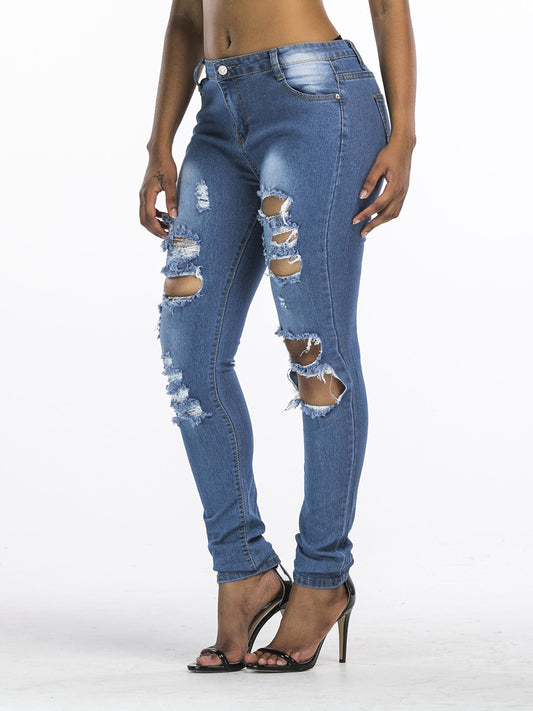 Ripped Jeans in Europese en Amerikaanse Stijl voor Dames/ Plus-size & Meisjes