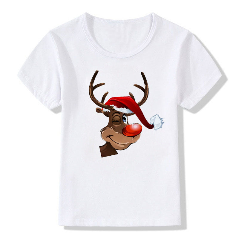 Amerikaanse Kerstmis Casual Bedrukte Schattige Cartoon Kerst T-shirt met Ronde Hals en Korte Mouwen voor Kinderen
