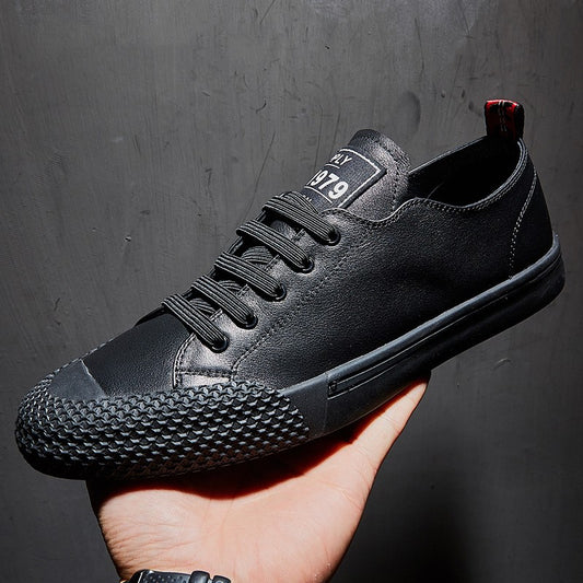 Europese en Amerikaanse Trendy Ademend Effen Kleur Lage Sneakers van Echt Leer met Ronde Neus en Vetersluiting voor Heren