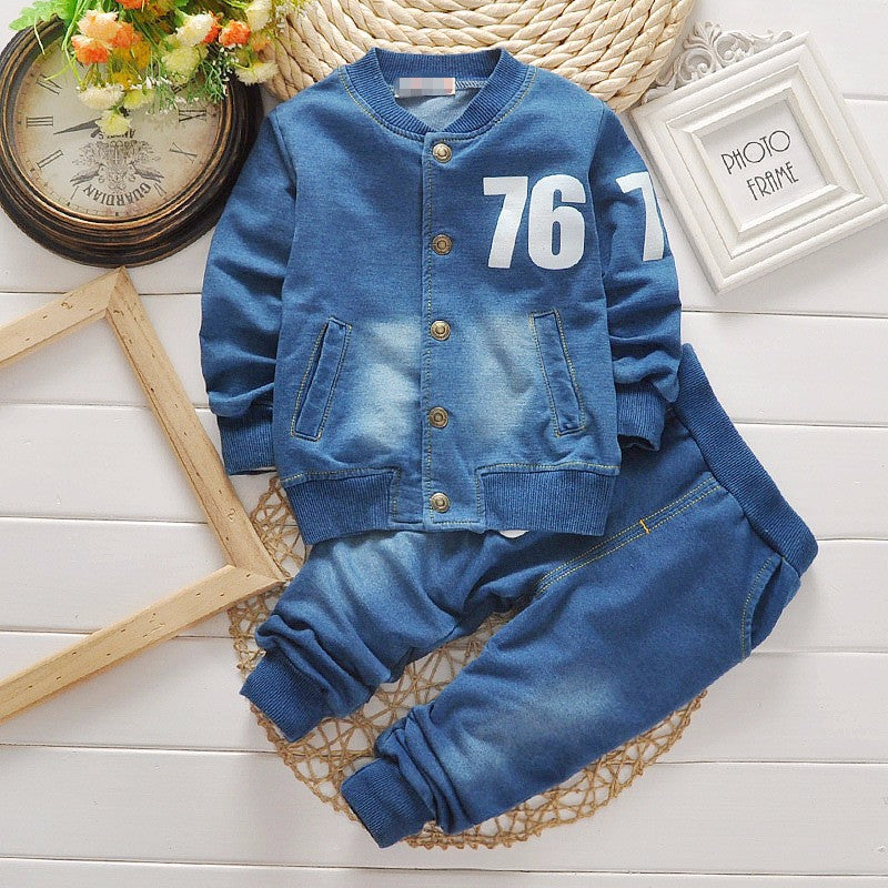 Casual Denim 2-delige Outfit met Bedrukte Print en Knoopsluiting voor Kinderen