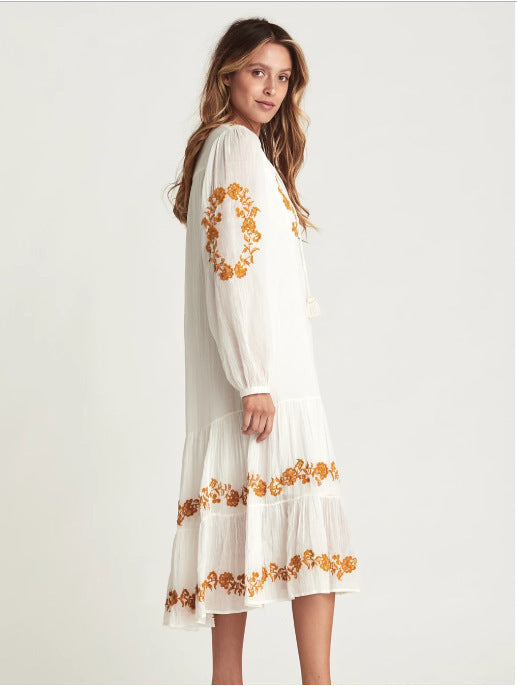 Europese Stijl Geborduurde Bohemian Oversized Midi-jurk met Lange Mouwen voor Dames & Meiden