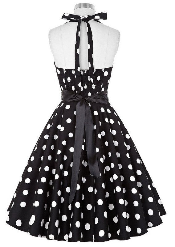 Hepburn Style Retro Effen Kleur Halterjurk van Chiffon met Stippenprint voor Dames & Plus-size