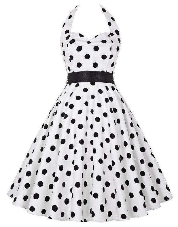 Hepburn Style Retro Effen Kleur Halterjurk van Chiffon met Stippenprint voor Dames & Plus-size