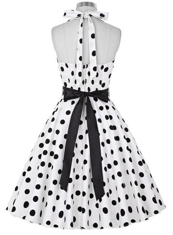 Hepburn Style Retro Effen Kleur Halterjurk van Chiffon met Stippenprint voor Dames & Plus-size
