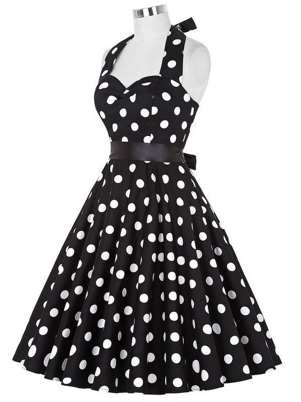 Hepburn Style Retro Effen Kleur Halterjurk van Chiffon met Stippenprint voor Dames & Plus-size