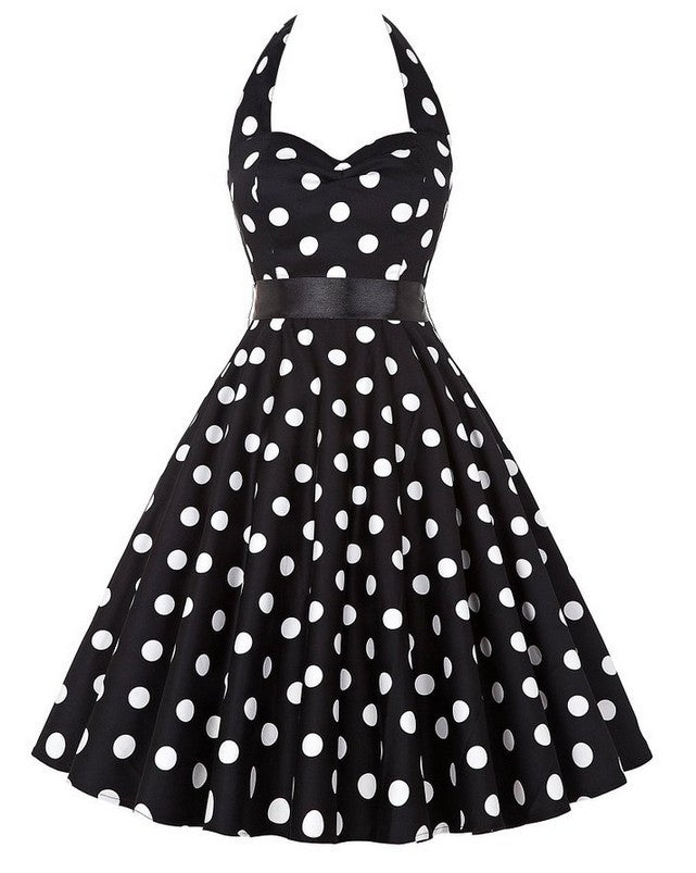 Hepburn Style Retro Effen Kleur Halterjurk van Chiffon met Stippenprint voor Dames & Plus-size