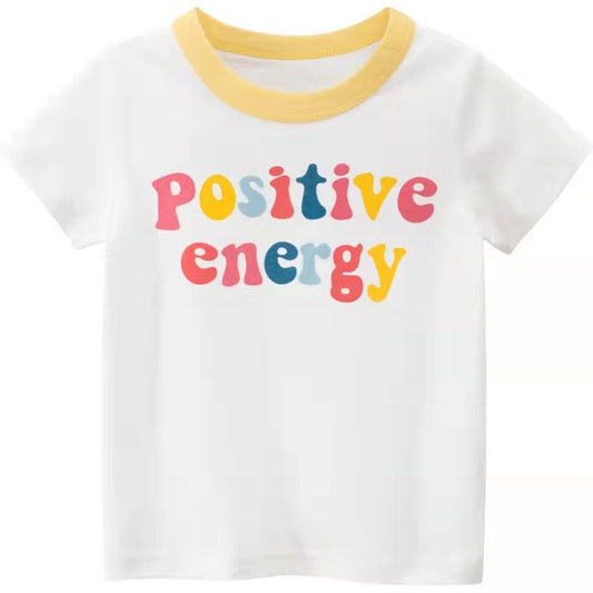Trendy Effen Kleur Korte Mouw T-shirt met Bedrukte Letters-Cartoonprint en Geel Ronde Hals voor Kinderen