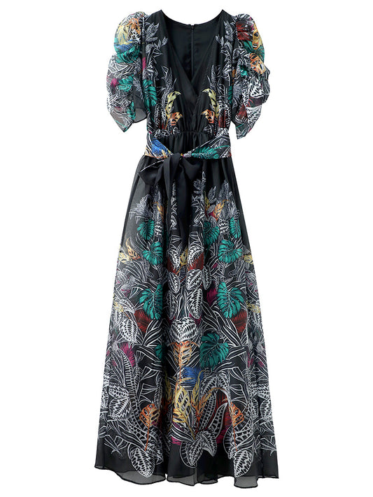 Europese Stijlvolle Retro Bloemenprint Avond/Feestjurk met V-hals en Pofmouwen voor Dames