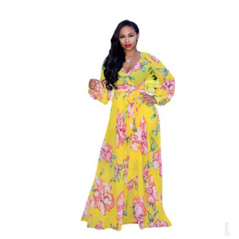 Amazon Chiffon Jurk met Lange Mouwen en Digitale Print in Europese en Amerikaanse Stijl voor Plus Size