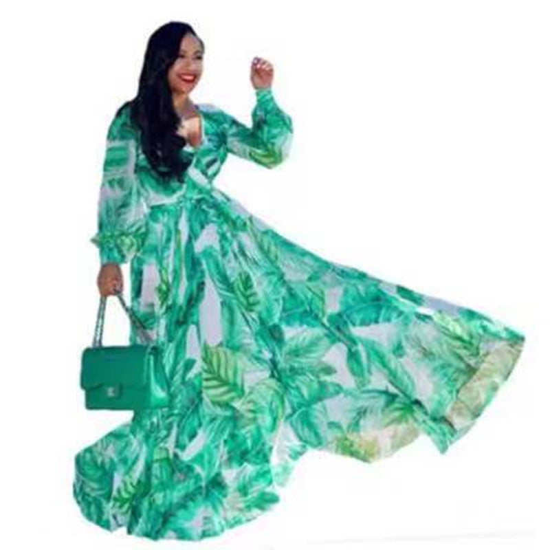 Amazon Chiffon Jurk met Lange Mouwen en Digitale Print in Europese en Amerikaanse Stijl voor Plus Size