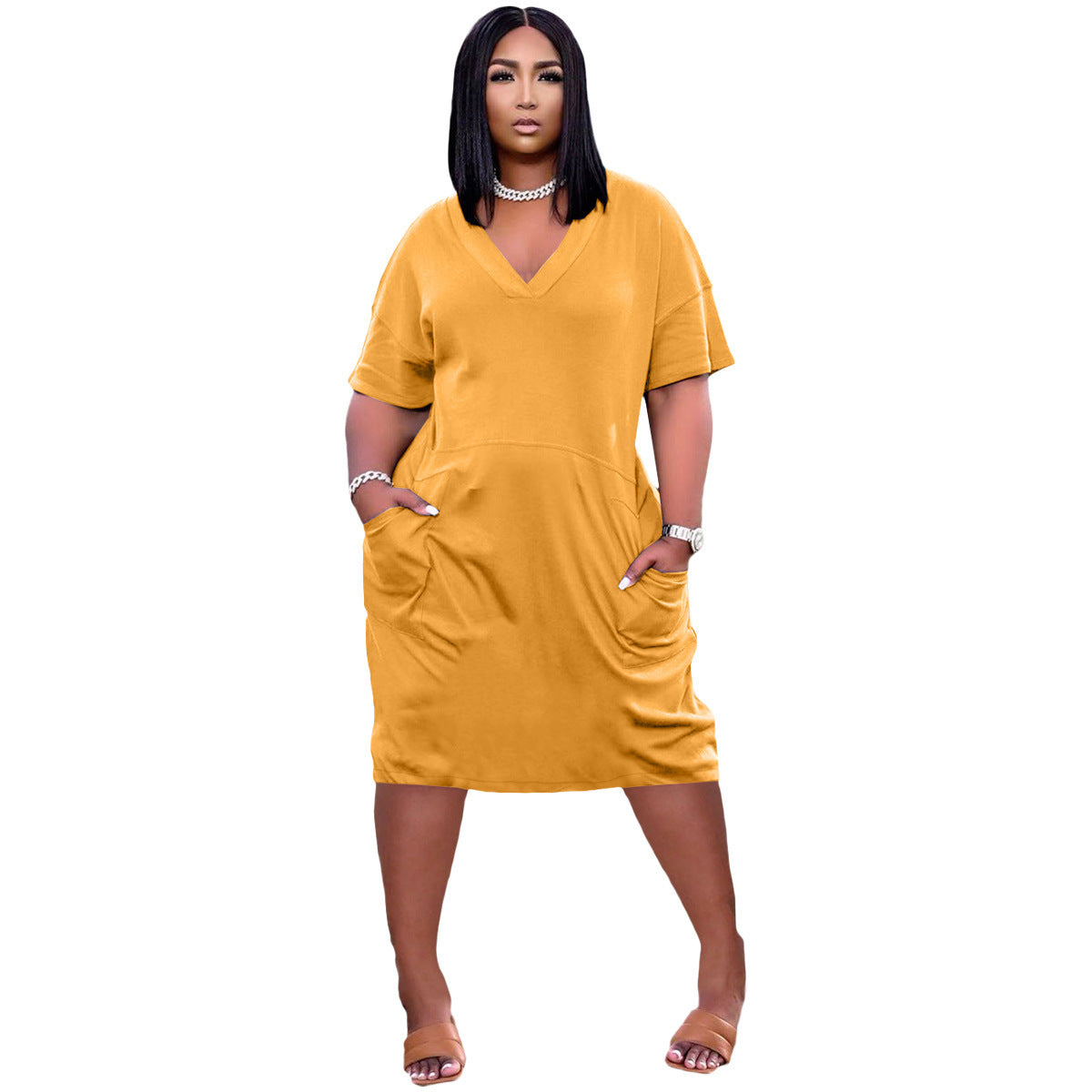 Casual Effen Kleur V-hals Jurk met Zakken