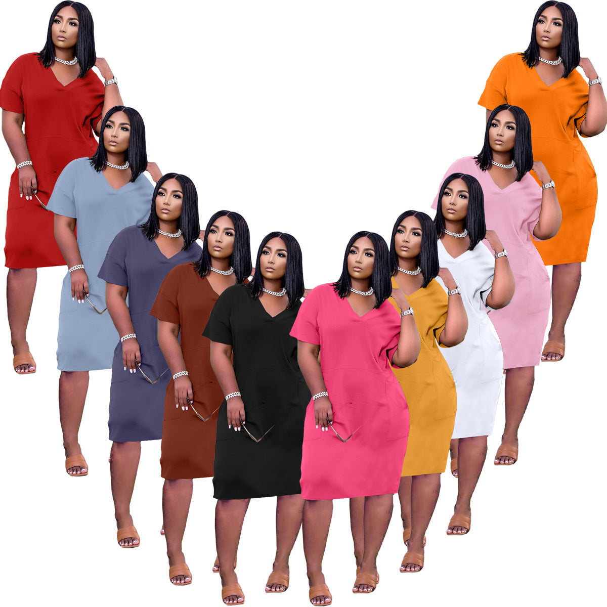 Casual Effen Kleur V-hals Jurk met Zakken