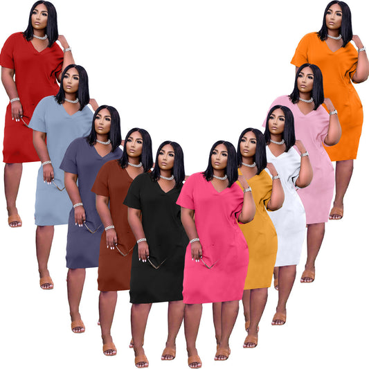 Casual Effen Kleur V-hals Jurk met Zakken