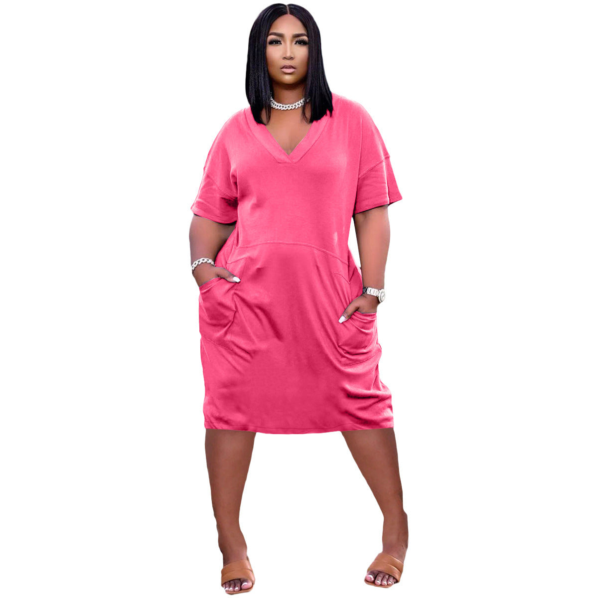 Casual Effen Kleur V-hals Jurk met Zakken