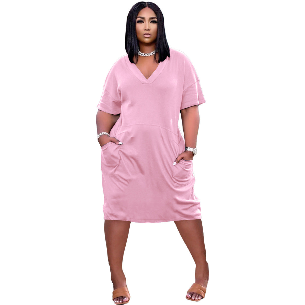 Casual Effen Kleur V-hals Jurk met Zakken