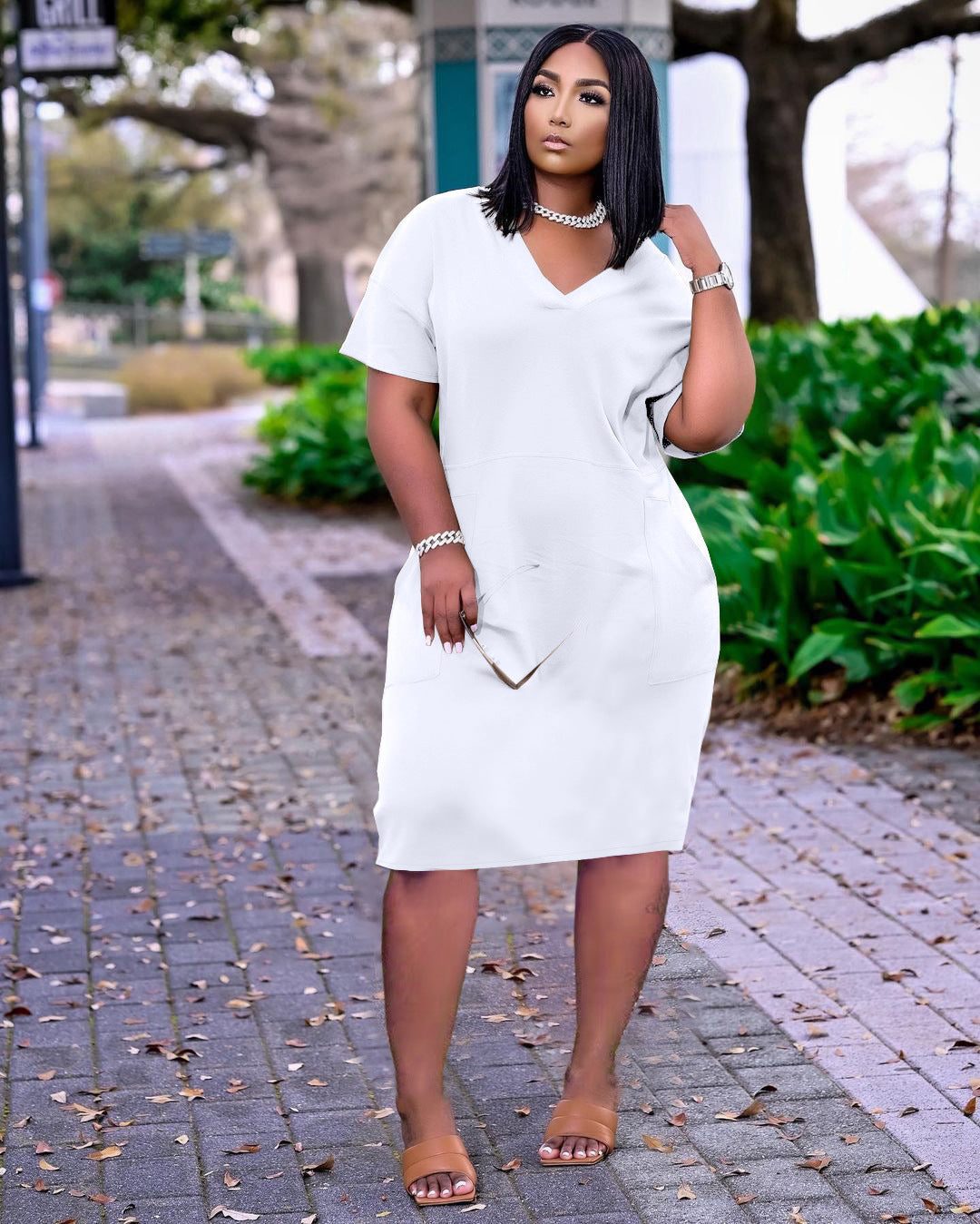 Casual Effen Kleur V-hals Jurk met Zakken