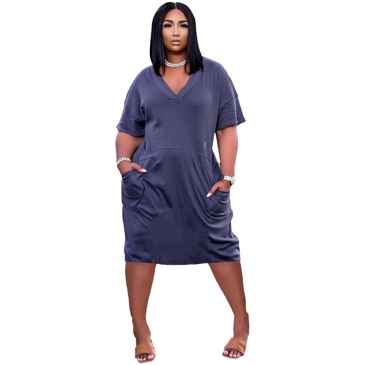 Casual Effen Kleur V-hals Jurk met Zakken