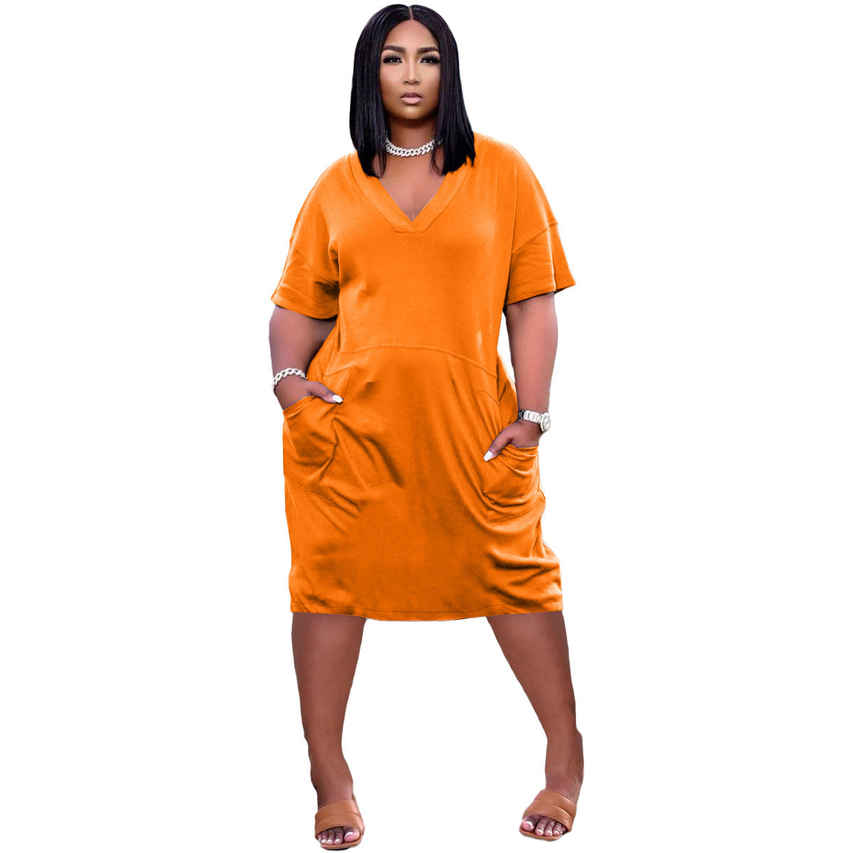 Casual Effen Kleur V-hals Jurk met Zakken