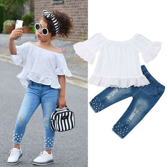 Meisjes 2-delige Outfit Kindertop met Bloemenpatroon en Korte Mouwen & Jeans voor Peuters/ Kinderen