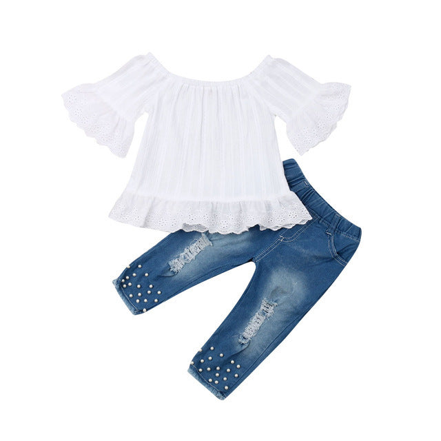 Meisjes 2-delige Outfit Kindertop met Bloemenpatroon en Korte Mouwen & Jeans voor Peuters/ Kinderen