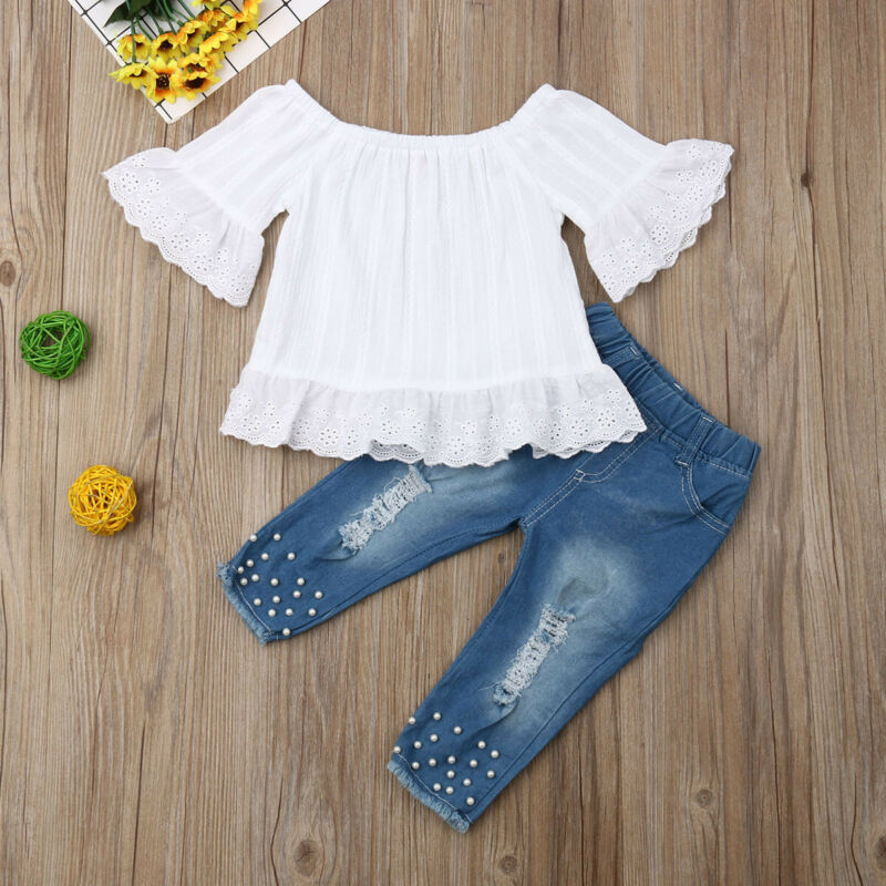 Meisjes 2-delige Outfit Kindertop met Bloemenpatroon en Korte Mouwen & Jeans voor Peuters/ Kinderen