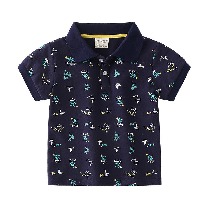 Stijlvolle Trendy Bedrukte Cartoon Print Katoenen Revers Poloshirt met Korte Mouwen en Knoopsluiting voor Kinderen