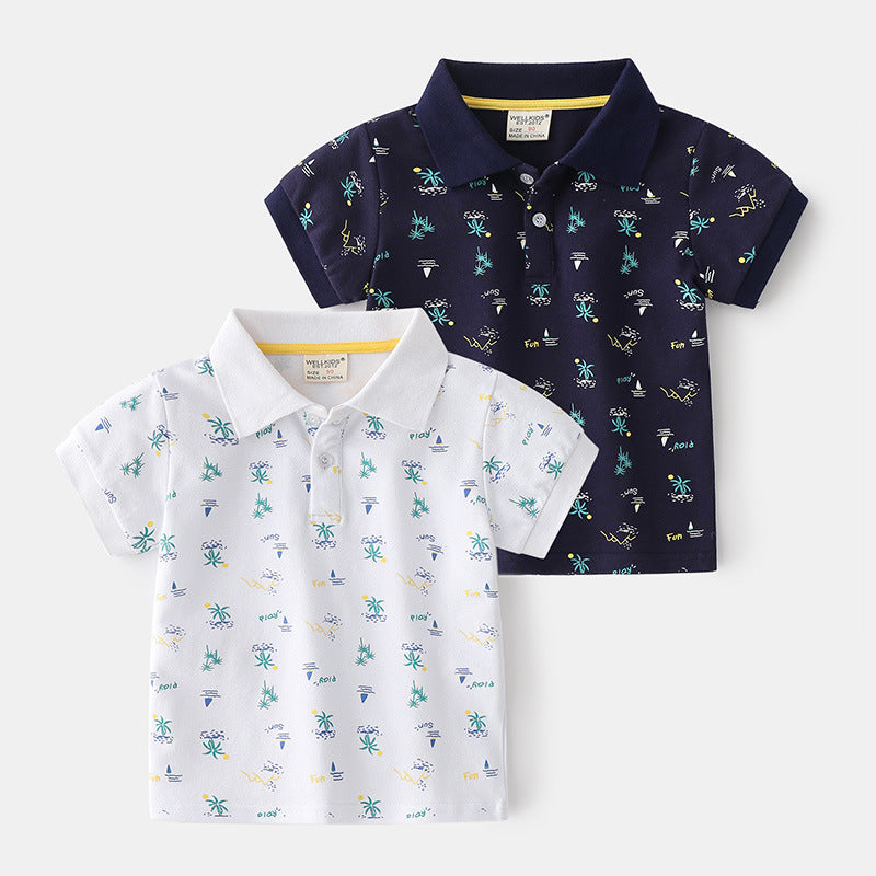 Stijlvolle Trendy Bedrukte Cartoon Print Katoenen Revers Poloshirt met Korte Mouwen en Knoopsluiting voor Kinderen