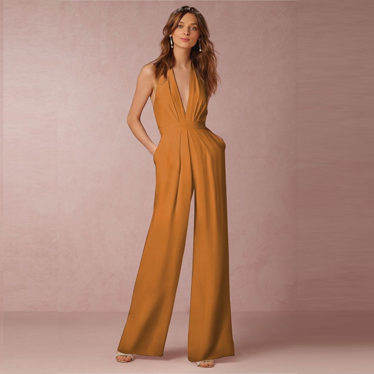 Trendy Casual Effen Kleur Mouwloze Halter Jumpsuit met Zakken voor Dames/Plus-size & Meiden