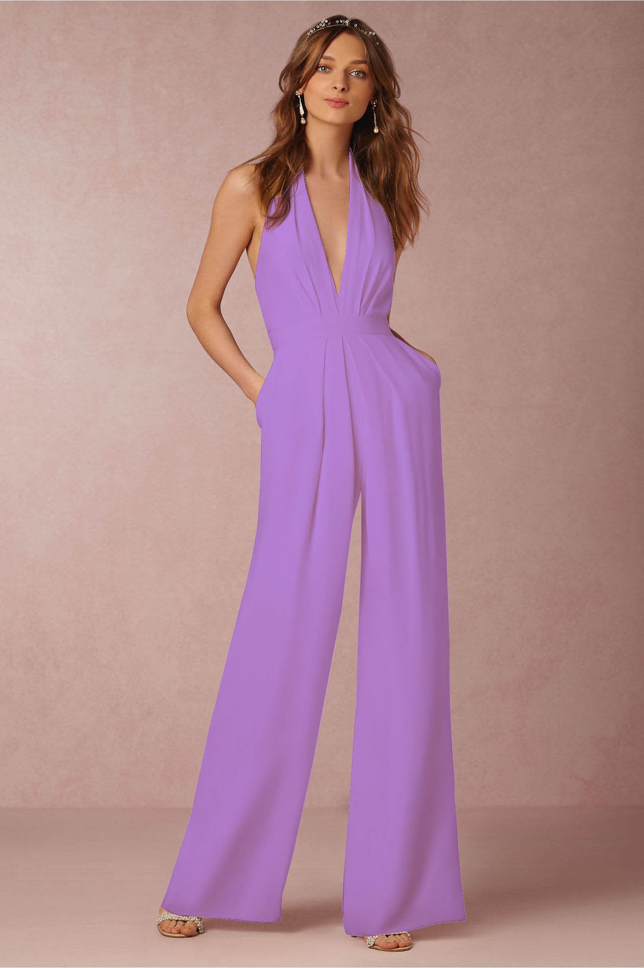 Trendy Casual Effen Kleur Mouwloze Halter Jumpsuit met Zakken voor Dames/Plus-size & Meiden
