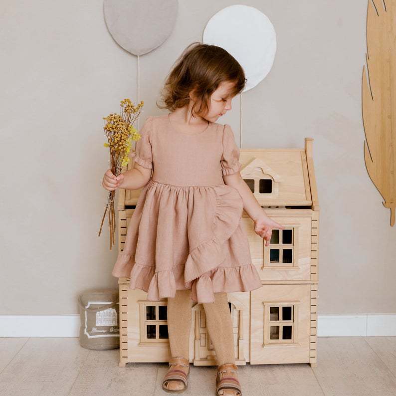 Linnen Meisjesjurken Korte Mouwen met Ruches