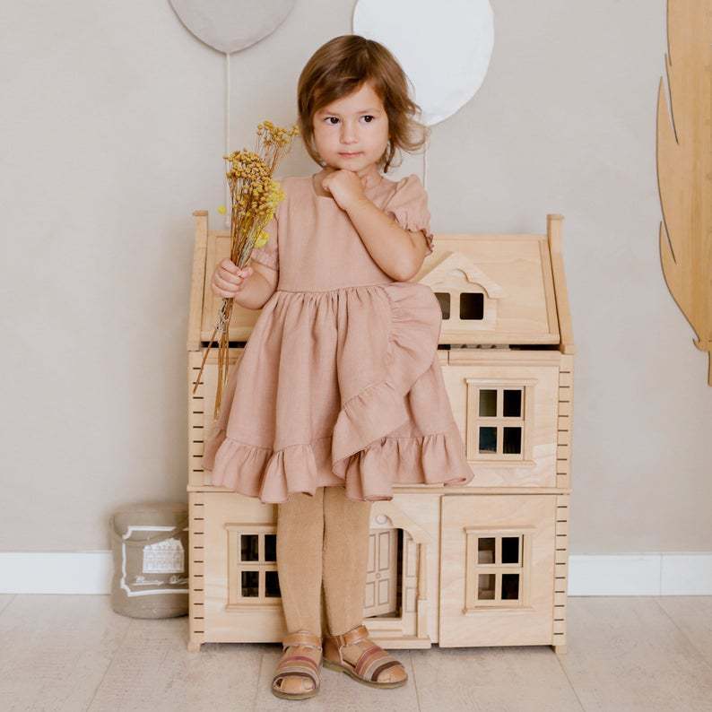 Linnen Meisjesjurken Korte Mouwen met Ruches