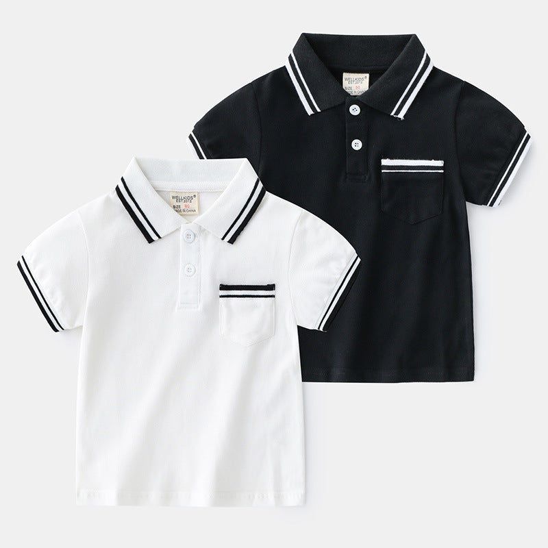 Europese Klassieke Casual Katoenen Effen Kleur Gestreepte Poloshirt met Kraag en Korte Mouwen voor Kinderen