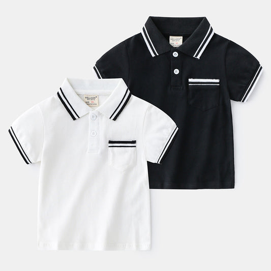 Europese Klassieke Casual Katoenen Effen Kleur Gestreepte Poloshirt met Kraag en Korte Mouwen voor Kinderen