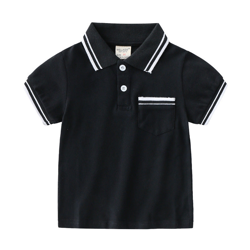 Europese Klassieke Casual Katoenen Effen Kleur Gestreepte Poloshirt met Kraag en Korte Mouwen voor Kinderen