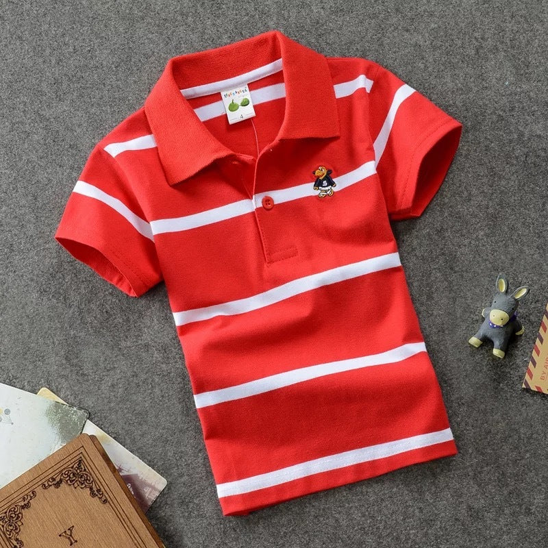 Rendy Casual Gestreepte Katoenen Revers Poloshirt met Korte Mouwen en Knoopsluiting voor Kinderen