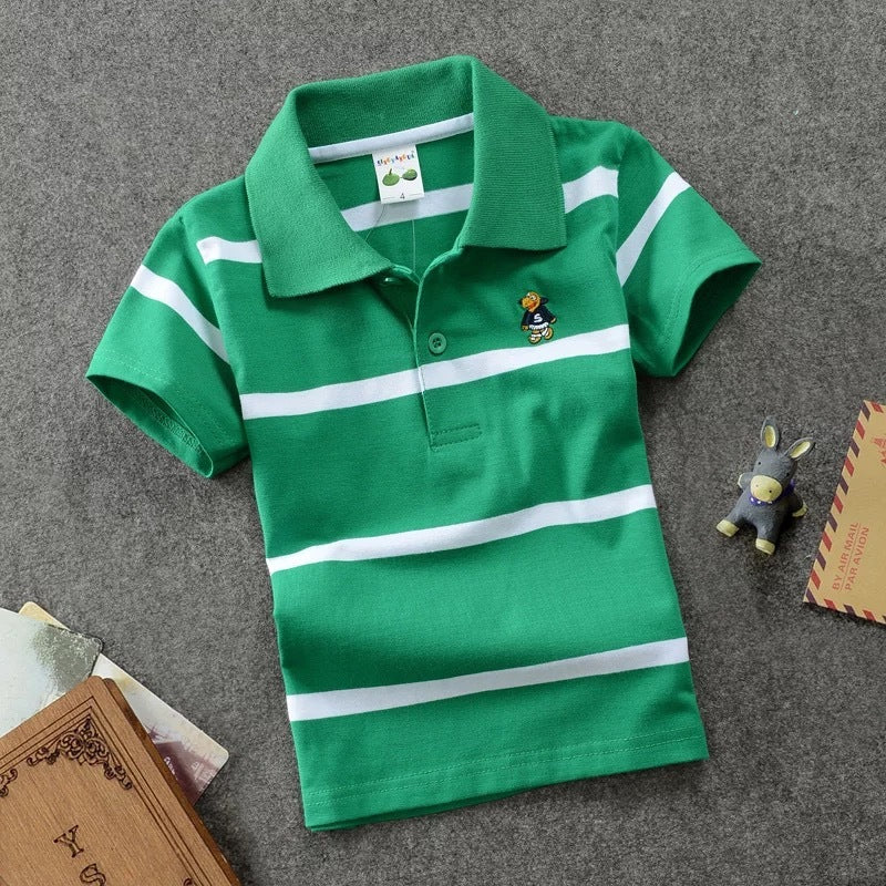 Rendy Casual Gestreepte Katoenen Revers Poloshirt met Korte Mouwen en Knoopsluiting voor Kinderen