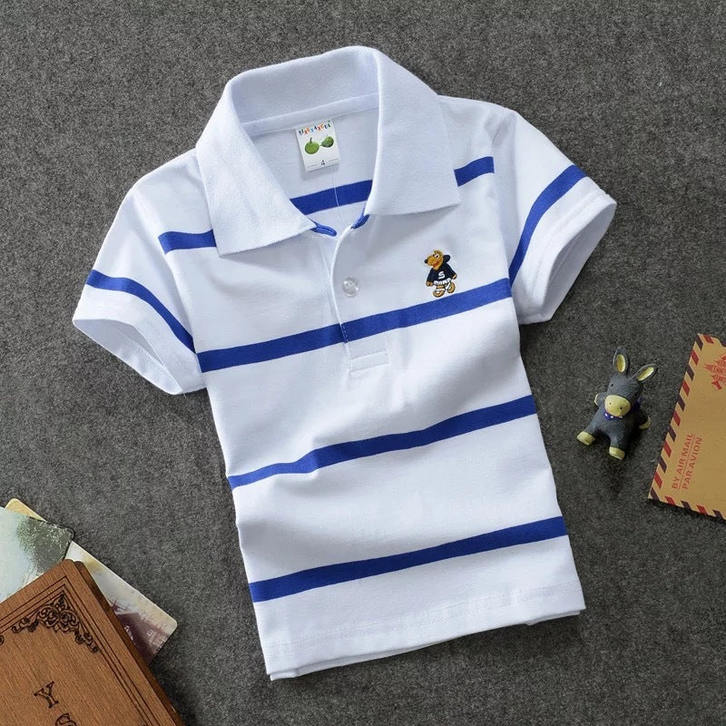 Rendy Casual Gestreepte Katoenen Revers Poloshirt met Korte Mouwen en Knoopsluiting voor Kinderen