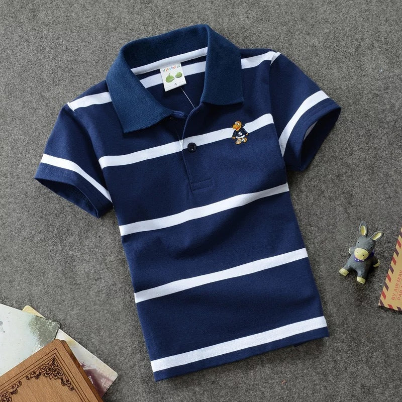 Rendy Casual Gestreepte Katoenen Revers Poloshirt met Korte Mouwen en Knoopsluiting voor Kinderen