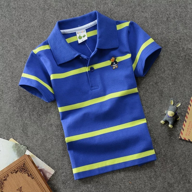 Rendy Casual Gestreepte Katoenen Revers Poloshirt met Korte Mouwen en Knoopsluiting voor Kinderen