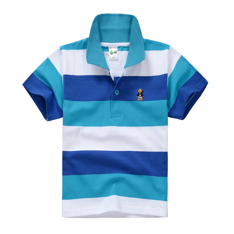 Trendy Casual Gestreepte Katoenen Revers Poloshirt met Korte Mouwen en Knoopsluiting voor Kinderen