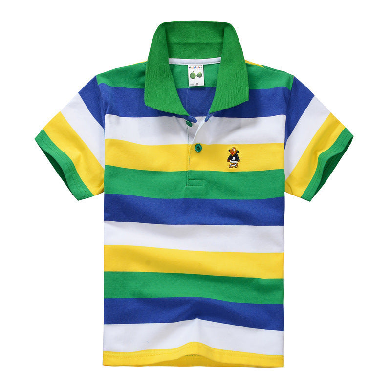 Trendy Casual Gestreepte Katoenen Revers Poloshirt met Korte Mouwen en Knoopsluiting voor Kinderen